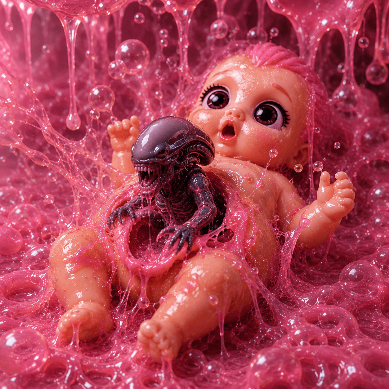 Toy baby with small science fiction creature parody