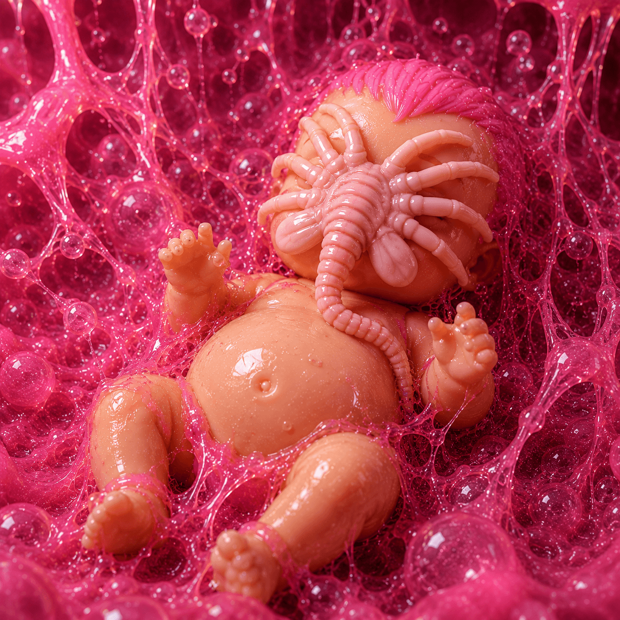 Toy baby with creature prop covering its face