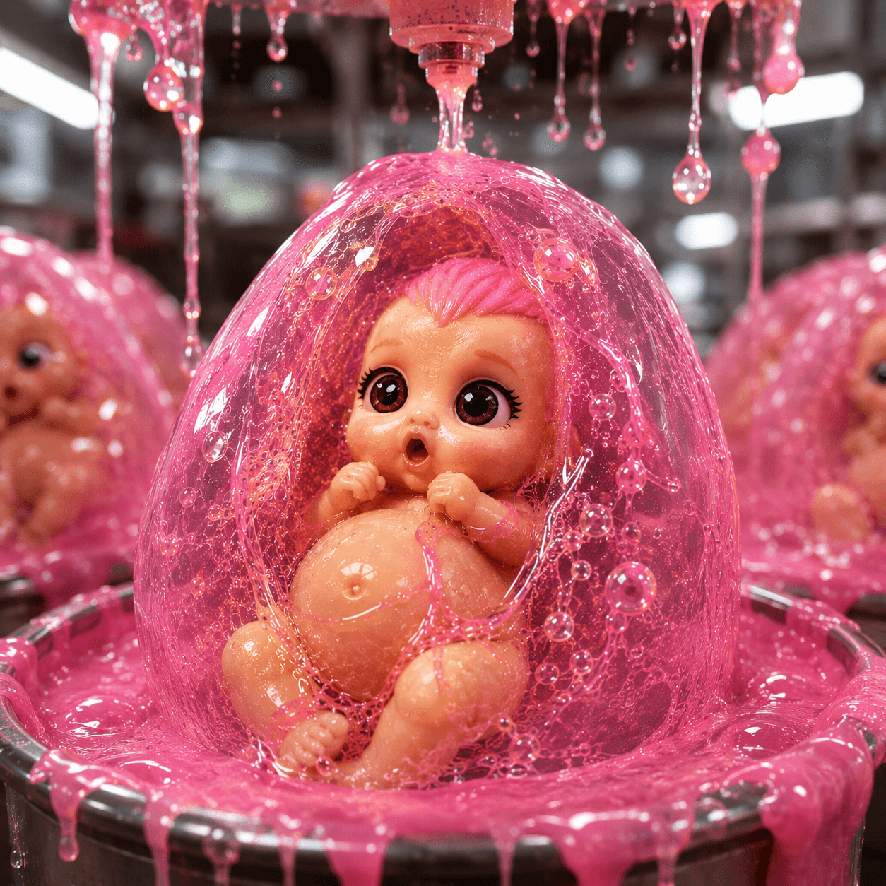 Pink slime baby toy in factory scene